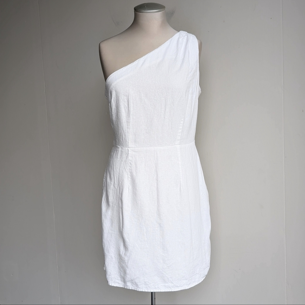 Linen White One-Shoulder Mini Dress - Picture 2 of 7